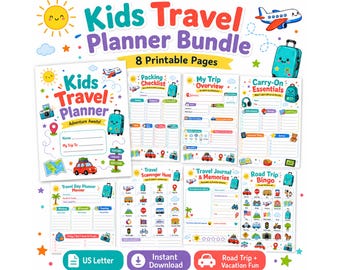 Kids Travel Planner Printable, Road Trip Activities, Packing Checklist, Travel Journal, Vacation Planner for Kids, Road Trip Bingo