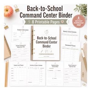 May include: A Back-to-School Command Center Binder with 8 printable pages. The set includes templates for student information, weekly school schedules, homework planners, school lunch planners, activity schedules, and important dates, all featuring an apple icon.
