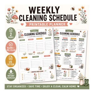 Könnte beinhalten: Ein wöchentlicher Reinigungsplan als druckbarer Planer auf zwei Seiten mit Blumen- und Pilzillustrationen. Der Text enthält Weekly Cleaning Schedule, A Clean Home, A Calm Mind und tägliche Aufgabenlisten. Enthält Symbole für 2 Seiten, leere und ausgefüllte Optionen, US-Letter-Format und Sofort-Download.