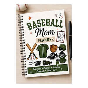 May include: A spiral-bound planner with a white cover featuring the text BASEBALL Mom PLANNER in green and black. Illustrations include a baseball, bats, jersey, glove, cleats, helmet, catcher gear, whistle, megaphone, and water bottle.