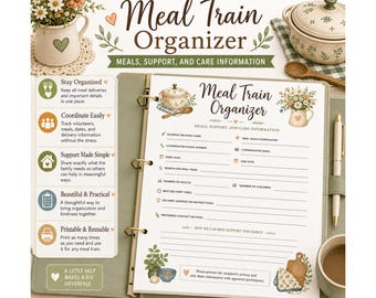 Organizador de comidas en tren imprimible, planificador de comidas en tren, hoja de inscripción de voluntarios, registro de donaciones de alimentos, planificador para cuidadores en PDF