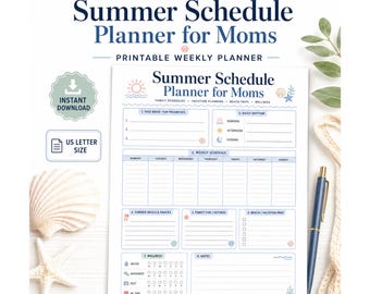 Summer Schedule Planner for Moms Printable, Weekly Family Planner, Beach Vacation Prep, Kids Summer Routine, Instant PDF Download