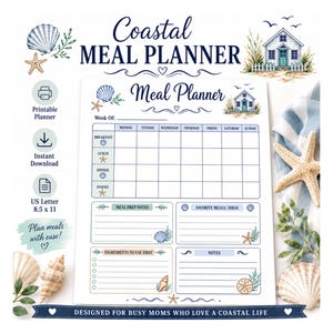 Op de afbeelding: Een maaltijdplanner met een kustthema, voorzien van een wekelijks rooster voor ontbijt, lunch, diner en snacks. Het bevat illustraties van schelpen, een strandhuisje en secties voor maaltijdvoorbereiding, favoriete maaltijden en notities.