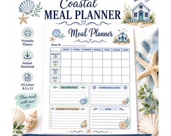 Coastal Meal Planner Printable, Weekly Meal Plan, Menu Planner, Meal Prep Notes, Grocery Planning, Instant Download PDF