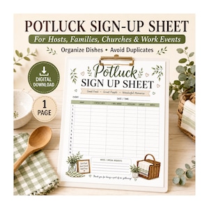 Pode incluir: Uma folha de inscrição para potluck num prancheta com clipe dourado. O documento apresenta o texto 'Potluck SIGN UP SHEET', colunas para nome, contacto, prato, categoria, porções e notas, além de ilustrações de uma cesta de piquenique e plantas.