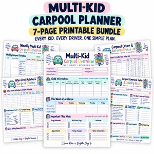 May include: A 7-page printable multi-kid carpool planner bundle featuring various charts, checklists, and schedules. The pages include titles like Multi-Kid Carpool Overview, Weekly Multi-Kid Carpool Schedule, and Carpool Command Center with pastel accents.