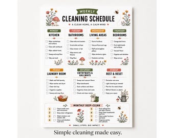 Cottagecore Weekly Cleaning Schedule Printable, Floral Cleaning Checklist, Weekly Cleaning Planner, Home Reset Chart, Chore Routine PDF