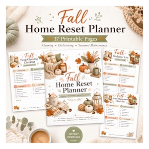 Op de afbeelding: Een herfst-huisplanner met 17 printbare pagina's met checklists voor schoonmaken, opruimen en seizoensonderhoud. De pagina's bevatten illustraties van pompoenen, herfstbladeren, kaarsen en dekens in warme herfstkleuren.