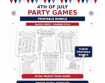 4th of July Party Games Printable Bundle, Patriotic Party Games, BBQ Games for Kids, Cookout Games, Black and White Coloring Pages PDF