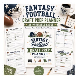 May include: A Fantasy Football Draft Prep Planner with 28 printable pages. The set includes a cover page, draft day details, quarterback research sheets, draft strategy forms, and a team roster. Features football graphics, a helmet, and a mug.