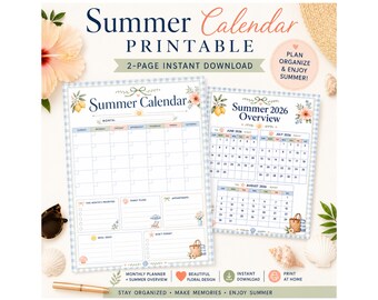 Summer Calendar Printable, Summer 2026 Planner, June July August Overview, Monthly Planner PDF, Vacation Planning