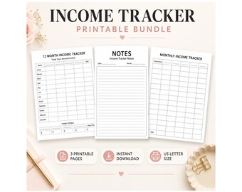 Income Tracker Printable Bundle, Monthly Income Tracker, 12 Month Income Tracker, Side Hustle Income Log, Budget Planner