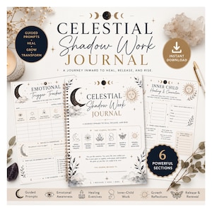 May include: A spiral-bound Celestial Shadow Work Journal with cream pages featuring black celestial illustrations of moons, suns, and clouds. The cover and interior pages include text such as Emotional Trigger Tracker, Inner Child Healing, and Guided Prompts.