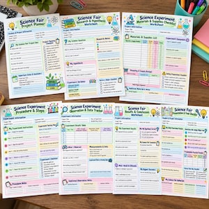 May include: A set of six printed science fair project worksheets featuring colorful headers, sections for project planning, research, hypothesis, materials, procedures, data tracking, results, and final presentation checklists.