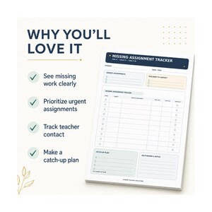 Puede incluir: Una hoja blanca de seguimiento de tareas faltantes con encabezados azul oscuro. El texto dice WHY YOU'LL LOVE IT, See missing work clearly, Prioritize urgent assignments, Track teacher contact, Make a catch-up plan, Student Success Collection.