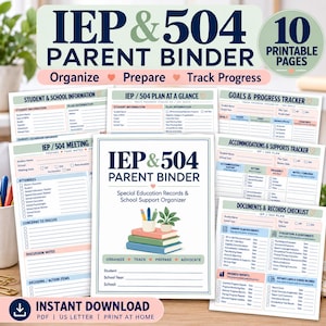 Könnte beinhalten: Ein digitales IEP- und 504-Elternordner-Set mit 10 druckbaren Seiten zur Organisation von Schülerinformationen, Besprechungsnotizen, Zielen, Fortschrittsverfolgung und Dokumenten-Checklisten. Das Deckblatt zeigt Bücher und eine Pflanze.