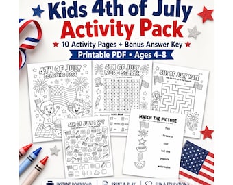 4th of July Kids Activity Pack Printable, Patriotic Coloring Pages, Word Search, Maze, Summer Party PDF