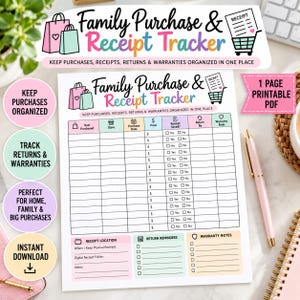 May include: A printable Family Purchase & Receipt Tracker document featuring a table with columns for item, store, date, price, receipt status, return date, and warranty. The header includes shopping bag icons and text.