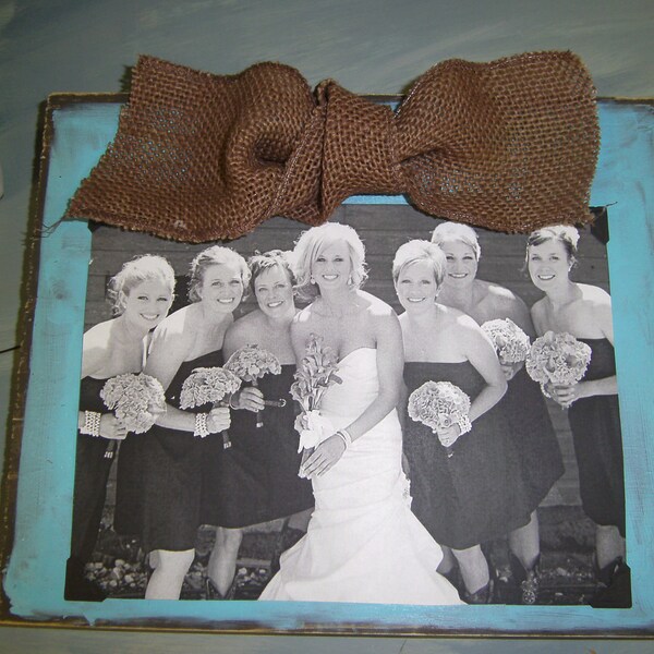 Turquoise Distressed Picture Frame with Chocolate Brown Burlap Bow Great for Bridesmaids Gifts