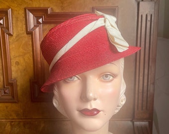 1930s sporty tomato-red straw hat with cream grosgrain ribbon trim New Old Stock size small 20.5" 21"