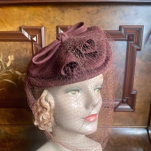 1930s fabulous chocolate brown wool triangular tilt hat with felt flowers and original veil, one size fits all