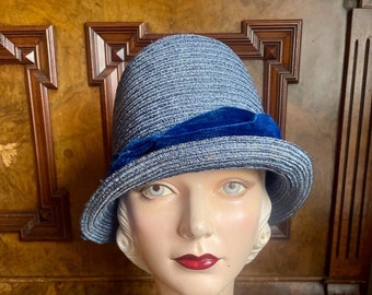 Delightful 1920s unworn blue straw Cloche hat with blue velvet trim Old Stock, 21” to 21.5" head Small