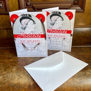 Reproduction d'une carte de voeux « Holdtite » avec ou sans élastiques pour chapeaux « Holdtite » des années 30 des années 40 - noire pour un anniversaire ou la Saint-Valentin