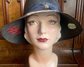 Amazing 1920s navy straw wide brimmed cloche with multicoloured transparent windows - new with tags - small to fit 21.5” 55cm head