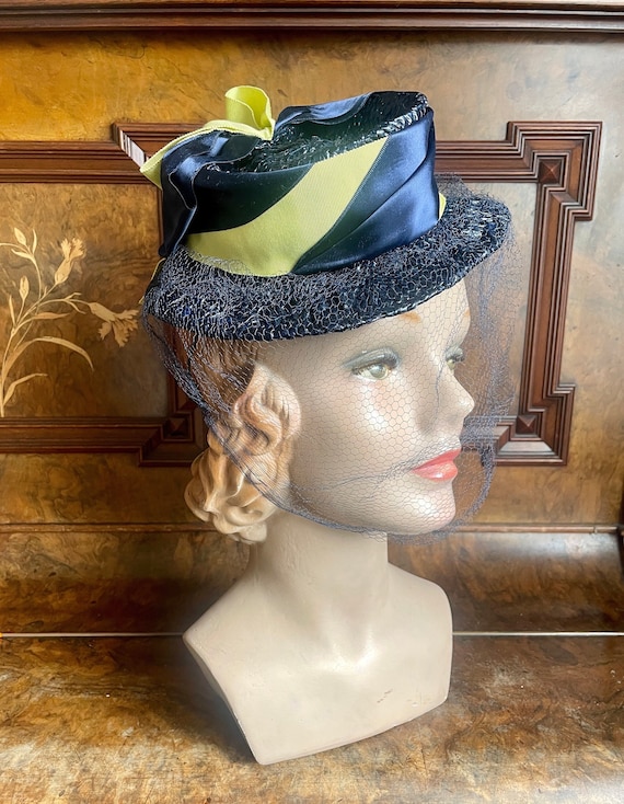 1940s Navy Straw Hat, Blue Yellow Ribbons, Face Veil - Etsy display picture 1