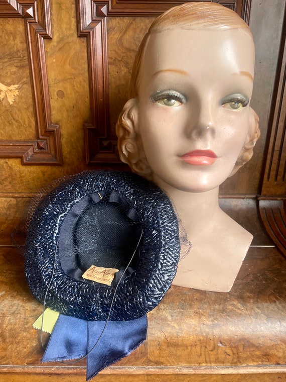 1940s Navy Straw Hat, Blue Yellow Ribbons, Face V… - image 5