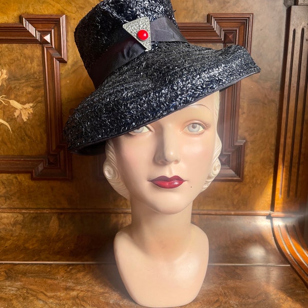 Late 30s or early 40s navy raffia tilt hat  with red/pewter deco ornament - New Old Stock S M L