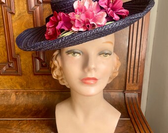 Late 30s navy straw “toy” hat with wide brim, pink silk flowers, New Old Stock