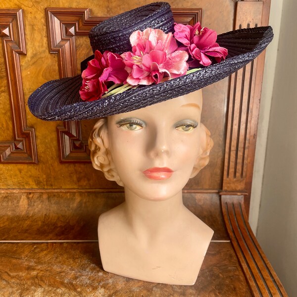 Late 30s navy straw “toy” hat with wide brim, pink silk flowers, New Old Stock