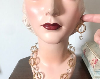 1960s gold Cage earrings, necklace set - Demiparure - clear glass beads, pierced hook earrings