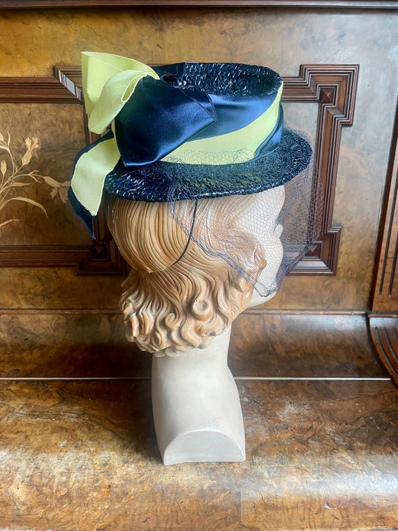 1940s Navy Straw Hat, Blue Yellow Ribbons, Face V… - image 9