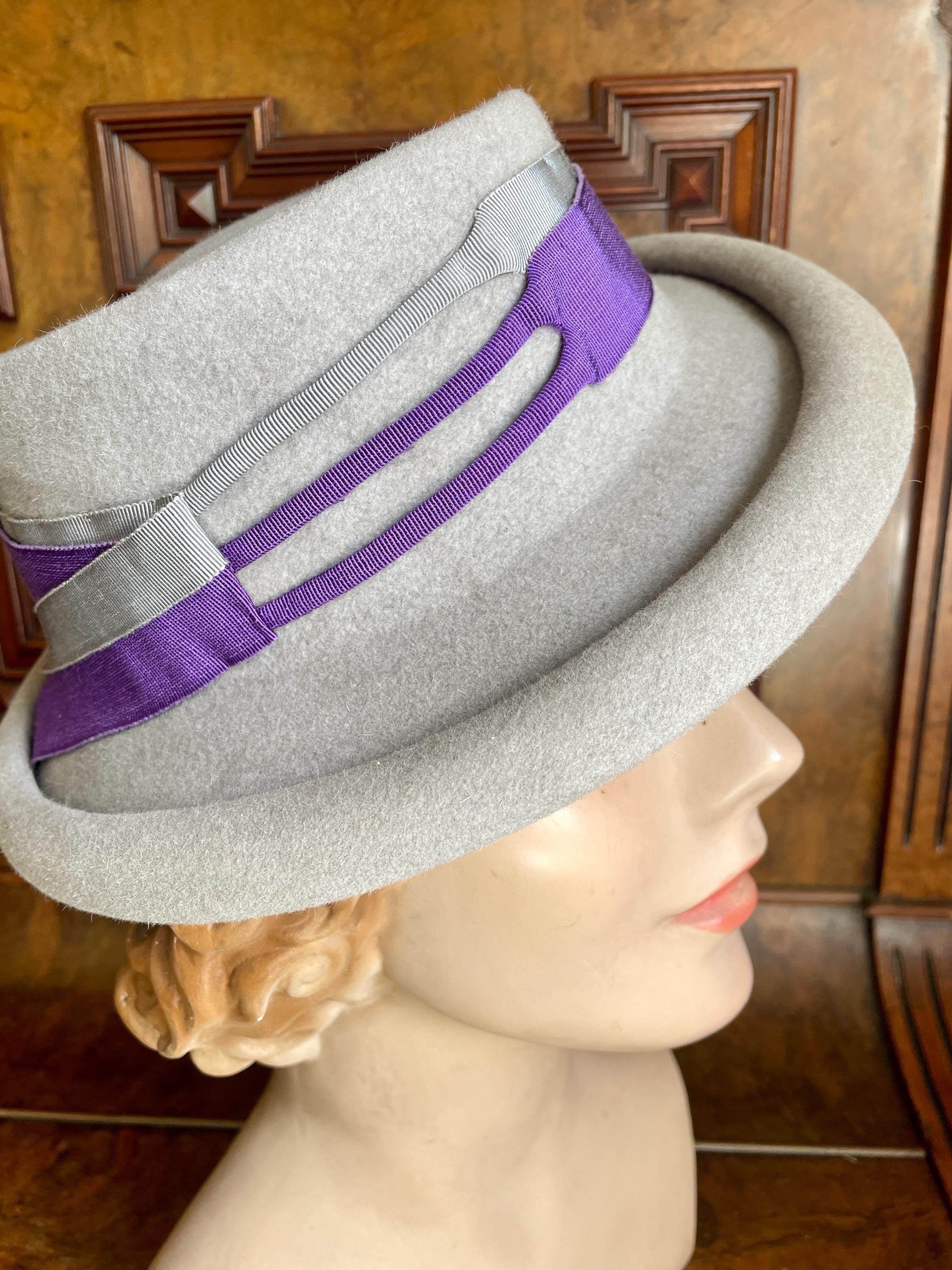 1940s Grey Felt Tilt Hat: Vintage Purple Ribbon Trim 22-23  display picture 3