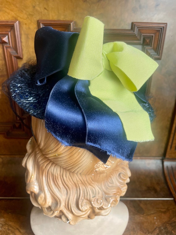 1940s Navy Straw Hat, Blue Yellow Ribbons, Face V… - image 6