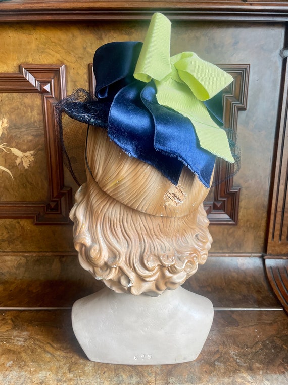 1940s Navy Straw Hat, Blue Yellow Ribbons, Face V… - image 3