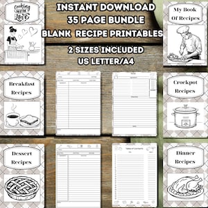 May include: A collection of black and white recipe printables. The image includes recipe cards, and recipe book covers with illustrations of cooking tools and food. Text includes "Cooking with Love", "Breakfast Recipes", "Dessert Recipes", and "Dinner Recipes".