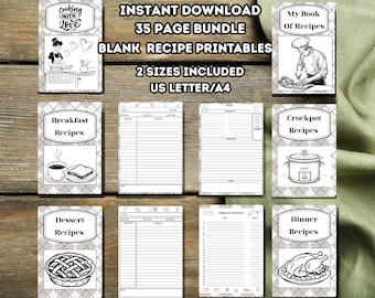 May include: A selection of black and white recipe printables. The image includes recipe cards, and recipe book covers with illustrations of cooking tools and food. Text includes "Cooking with Love", "Breakfast Recipes", "Dessert Recipes", and "Dinner Recipes".