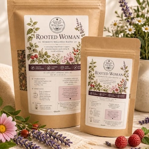 May include: Two brown kraft paper pouches of Rooted Woman herbal tea. The larger pouch is 2 oz (56 g) and the smaller is a sampler. Labels feature botanical illustrations of berries and flowers, with text detailing ingredients, directions, and storage.