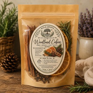 May include: A brown kraft paper pouch containing a pot simmer recipe labelled Wild Roots & Co. Woodland Cabin. The clear window reveals dried orange slices, cinnamon sticks, star anise, whole cloves, and rosemary sprigs inside the sealed bag.