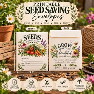 May include: Printable seed saving envelopes measuring 10.16 cm by 8.89 cm. The front features botanical illustrations of tomatoes, carrots, and flowers with fields for plant name, variety, date, and notes. The back displays floral art and text.