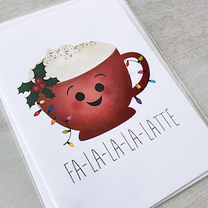 Carte de voeux - Joyeux Noël drôle de jeu de mots pour les fêtes Falalala Latte Coffee calembours Vacances - 5 x 7 cartes pliées avec enveloppe A7 et message à l'intérieur