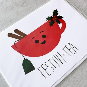 Carte de voeux - Joyeux Noël drôle de jeu de mots pour les fêtes Thé festif Thés Jeux de mots Fêtes de Noël - 5 x 7 cartes pliées avec enveloppe A7 et message à l'intérieur