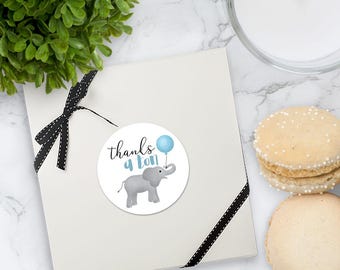 Stickers - Thanks A Ton Elephant Baby Shower Labels - 1.625" Circles (24 Stickers Per Sheet) OR 3" Circles (6 Per Sheet), Matte Finish