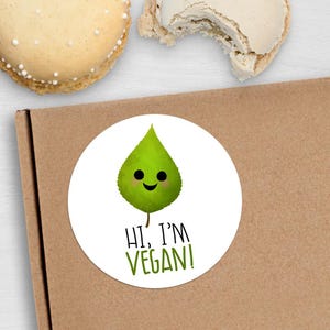 Stickers - Sticker boulanger étiquette alimentaire Hi I'm Vegan - cercles de 1,625 po. (24 autocollants par feuille) OU cercles de 3 po. (6 par feuille) finition mate