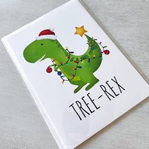 Carte de voeux - Joyeux Noël drôle de jeu de mots pour les fêtes Tree-Rex Dinosaur Dino Xmas Holidays - 5 x 7 cartes pliées avec enveloppe A7 et message à l'intérieur
