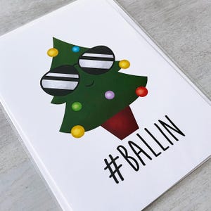 Carte de voeux - Joyeux Noël drôle de jeu de mots pour les vacances #Ballin sapin de Noël Jeux de mots mignons Vacances - 5 x 7 cartes pliées avec enveloppe A7 et message à l'intérieur
