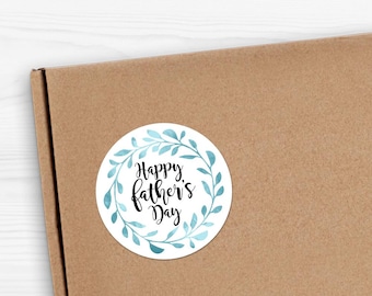 Stickers - Happy Father's Day Leaves Wreath Gift Labels - 1.625" Circles (24 Stickers Per Sheet) OR 3" Circles (6 Per Sheet) Matte Finish